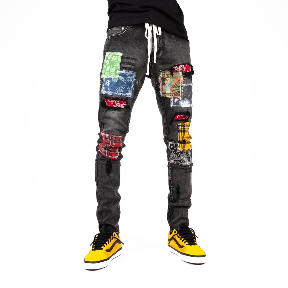 THRT Men's Slim Patchwork Black Jeans